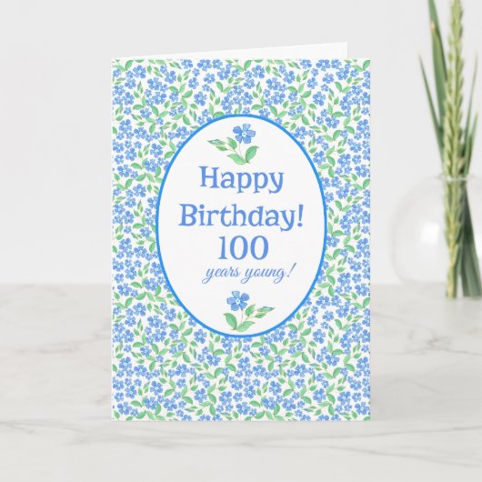 100e verjaardag  blauwe groene periwinkle Floral Kaart (Voorkant)