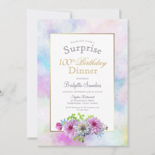 100e verjaardag Blauwe roze Floral verrassingsdine Kaart (Voorkant)