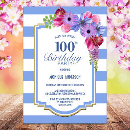 100e verjaardag Blauwe Striped Floral Party Kaart