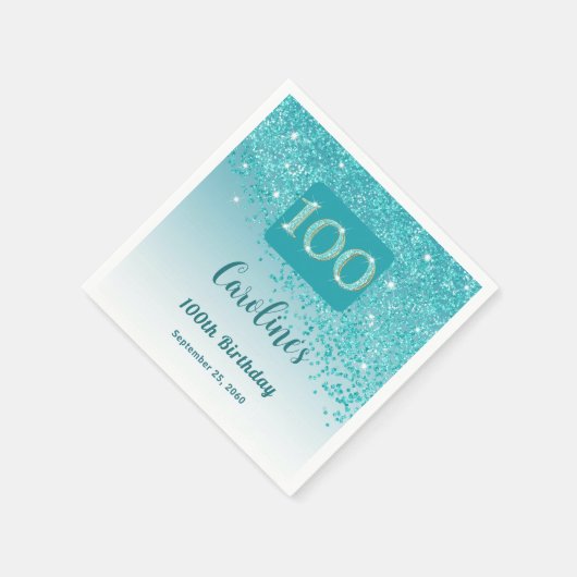 100e Verjaardag  Blauwgroen Blue Glitter servetten (Hoek)