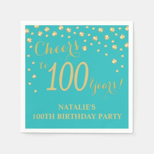 100e verjaardag Blauwgroen en Gold Diamond Napkins Servet (Voorkant)