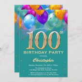 100e verjaardag Blauwgroen en goudkleurige ballonn Kaart (Voorkant / Achterkant)