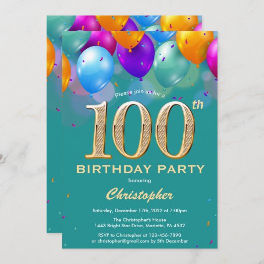 100e verjaardag Blauwgroen en goudkleurige ballonn Kaart (Voorkant / Achterkant)