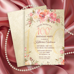 100e Verjaardag Bloemen Rozen Goud Shimmer Party Kaart