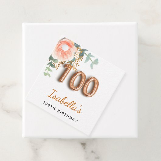 100e verjaardag bloemrozen goud eucalyptus naam bedankjes labels (In situ)