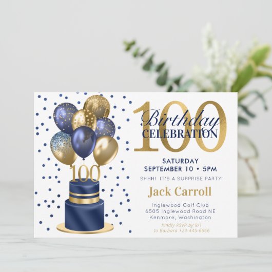 100e verjaardag Blue Balloon Cake Surprise Party Kaart (Staand voorkant)