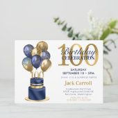 100e verjaardag Blue Balloon Cake Surprise Party Kaart (Staand voorkant)