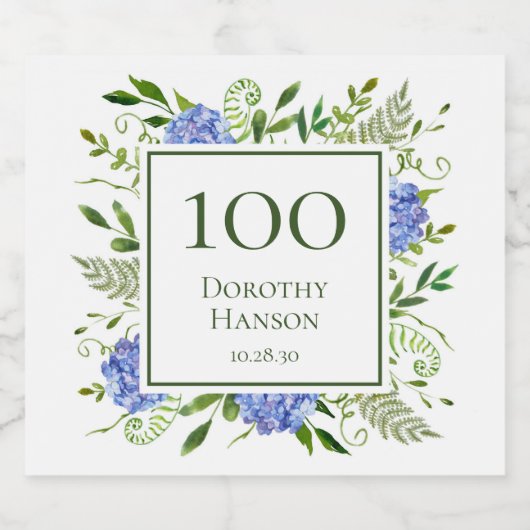 100e verjaardag Blue Hydrangeas Bier Etiket (Enkel label)
