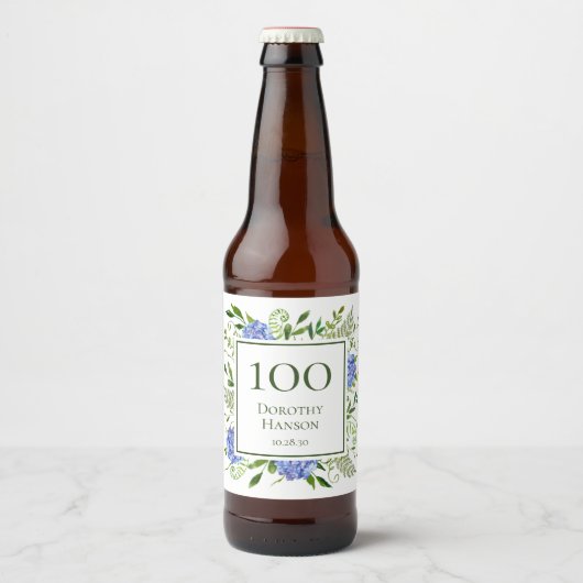 100e verjaardag Blue Hydrangeas Bier Etiket (Voorkant)