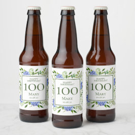 100e verjaardag Blue Hydrangeas Bier Etiket
