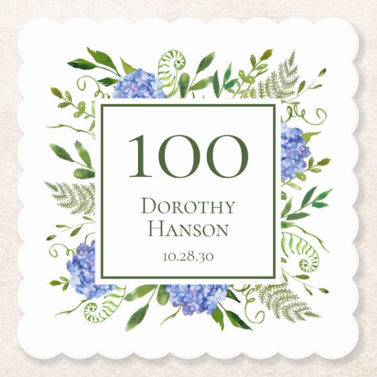 100e verjaardag Blue Hydrangeas Kartonnen Onderzetters (Voorkant)
