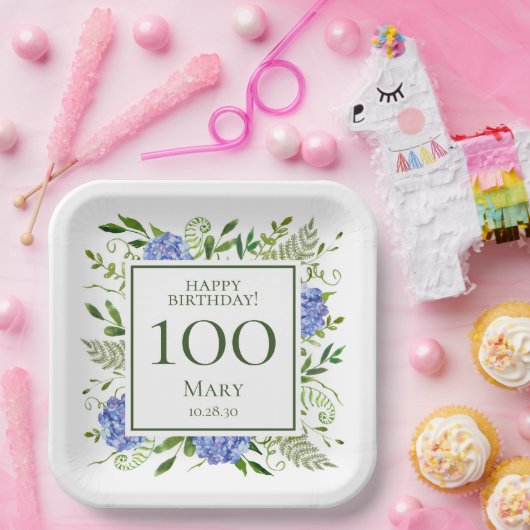 100e verjaardag Blue Hydrangeas Papieren Bordje (Feest)