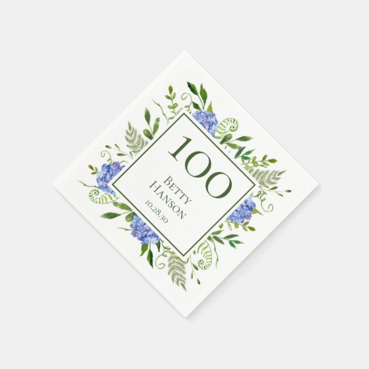 100e verjaardag Blue Hydrangeas Servet (Hoek)