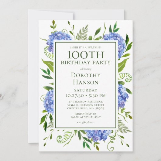 100e verjaardag Blue Hydrangeas Surprise Party Kaart (Voorkant)