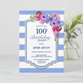 100e verjaardag Blue Striped Floral Dinner Party Kaart (Staand voorkant)