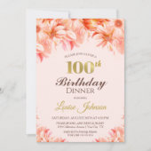 100e verjaardag Blush Pink Gold Floral Dinner Part Kaart (Voorkant)