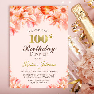 100e verjaardag Blush Pink Gold Floral Dinner Part Kaart