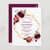 100e verjaardag burgundy floral gold uitnodiging (Voorkant / Achterkant)