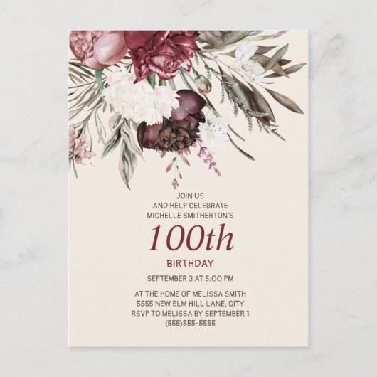 100e verjaardag Burgundy Ivory Floral Cream Briefkaart (Voorkant)