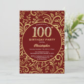 100e verjaardag Burgundy Red & Gold Floral Pattern Kaart (Staand voorkant)
