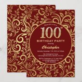 100e verjaardag Burgundy Red & Gold Floral Pattern Kaart (Voorkant / Achterkant)