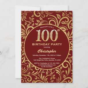 100e verjaardag Burgundy Red & Gold Floral Pattern Kaart