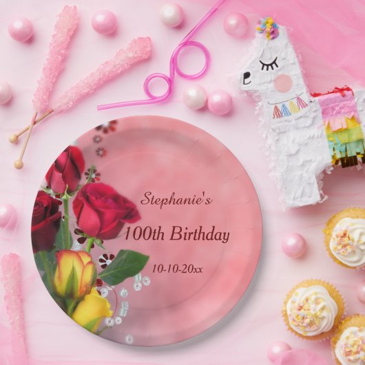 100e verjaardag Chic Red & Yellow Roses Papieren Bordje (Feest)