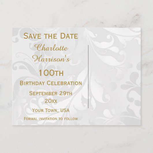 100e verjaardag Damask en Faux Bow Save The Date Aankondigingskaart (Achterkant)