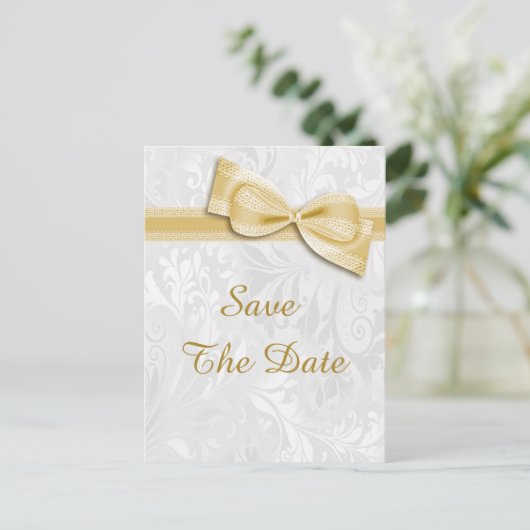 100e verjaardag Damask en Faux Bow Save The Date Aankondigingskaart (Staand voorkant)