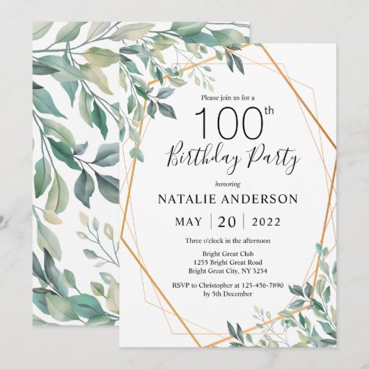 100e verjaardag Elegant Eucalyptus Greenery & Gold Kaart (Voorkant / Achterkant)