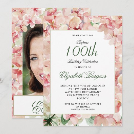 100e verjaardag Elegant foto Floral verjaardag Kaart (Voorkant / Achterkant)