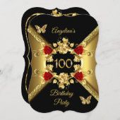 100e verjaardag Elegant Gold Red Roses Black Kaart (Voorkant / Achterkant)