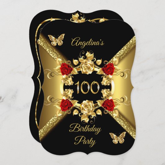 100e verjaardag Elegant Gold Red Roses Black Kaart (Voorkant / Achterkant)