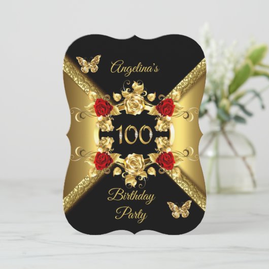 100e verjaardag Elegant Gold Red Roses Black Kaart (Staand voorkant)
