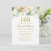 100e verjaardag Elegante gouden bloemen uitnodigin Kaart (Staand voorkant)