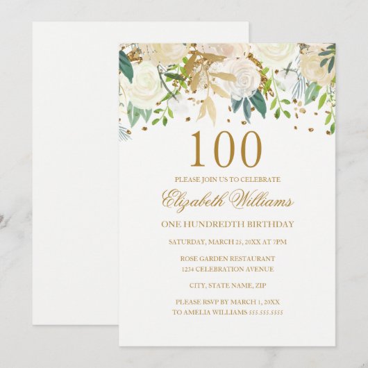 100e verjaardag Elegante gouden bloemen uitnodigin Kaart (Voorkant / Achterkant)