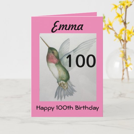100e Verjaardag Elegante Roze Kolibrie Waterverf Kaart (Gele Bloem)
