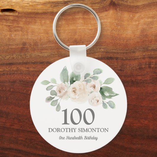 100e verjaardag Favor White Rose Eucalyptus Sleutelhanger (Voorkant)