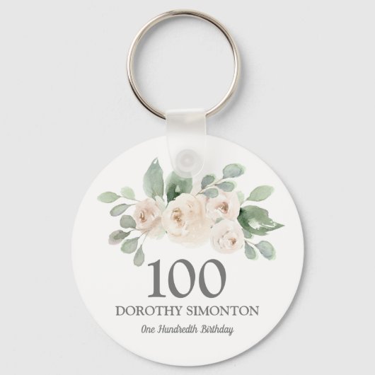 100e verjaardag Favor White Rose Eucalyptus Sleutelhanger (Achterkant)