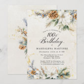 100e Verjaardag Feest Winter White Floral Greenery Kaart (Voorkant / Achterkant)