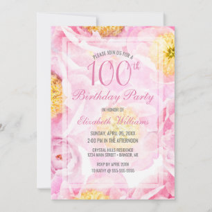 100e Verjaardag Floral Pink Peony Waterverf Party Kaart