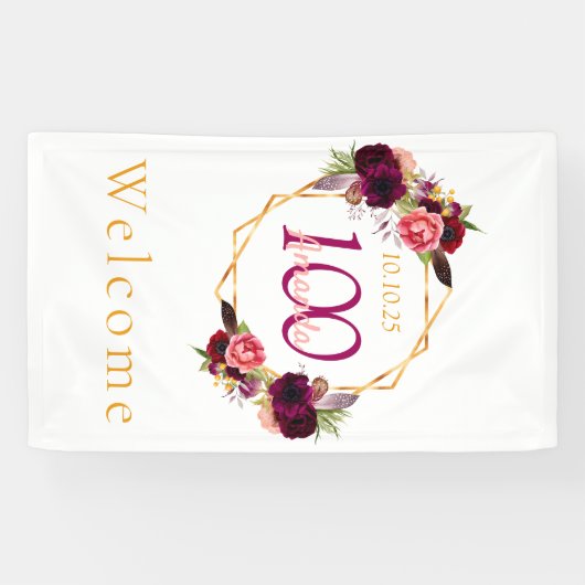 100e verjaardag florale geometrische witte Bourgog Spandoek (Horizontaal)