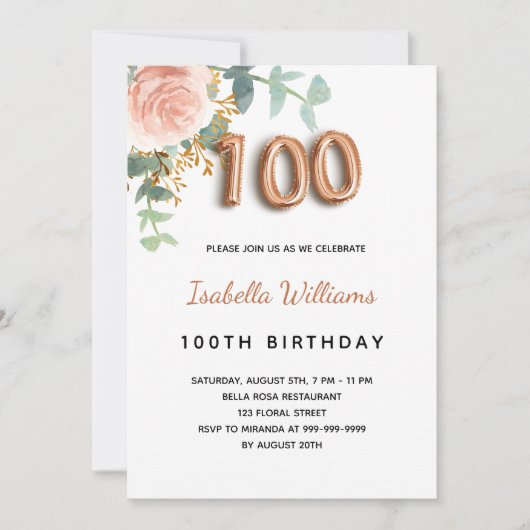 100e verjaardag florale roos goud eucalyptusfoliag kaart (Voorkant)