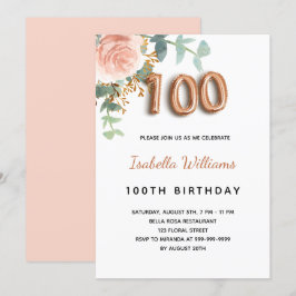 100e verjaardag florale roos goud eucalyptusfoliag kaart