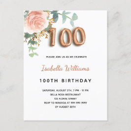 100e verjaardag florale roos goud eucalyptusfoliag uitnodiging briefkaart