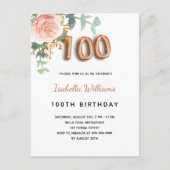 100e verjaardag florale roos goud eucalyptusfoliag uitnodiging briefkaart (Voorkant)