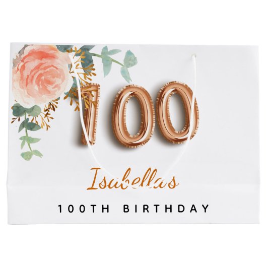 100e verjaardag florale roos goud eucalyptusnaam groot cadeauzakje (Achterkant)