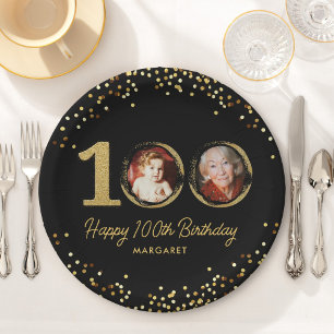 100e verjaardag foto Elegant zwart goud glitter Papieren Bordje