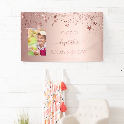 100e verjaardag foto roos gouden roze glittersterr spandoek (Insitu)