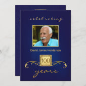 100e verjaardag Foto-uitnodigingen - Blauw Kaart (Voorkant / Achterkant)